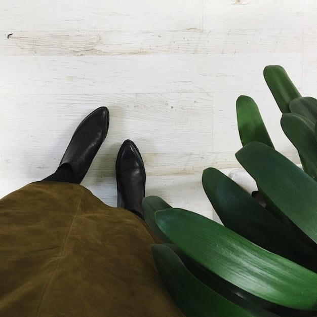 A pair of sleek, modern sustainable leather (mushroom-based) ankle boots, presented elegantly on a reclaimed wood surface. Sunlight streams in from a window, highlighting the texture and design.