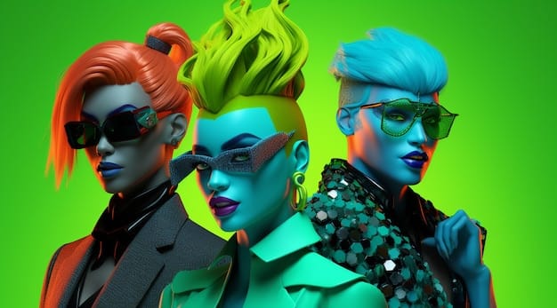 A diverse group of stylized metaverse avatars, each wearing a unique, intricately designed digital shoe, showcased against a vibrant, geometric background, emphasizing diversity and personalization.