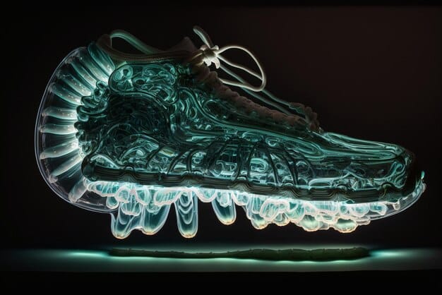 A detailed close-up of a futuristic digital shoe with intricate, glowing patterns, illustrating the extreme level of detail and artistic freedom possible in virtual design, set against a blurred, abstract background.