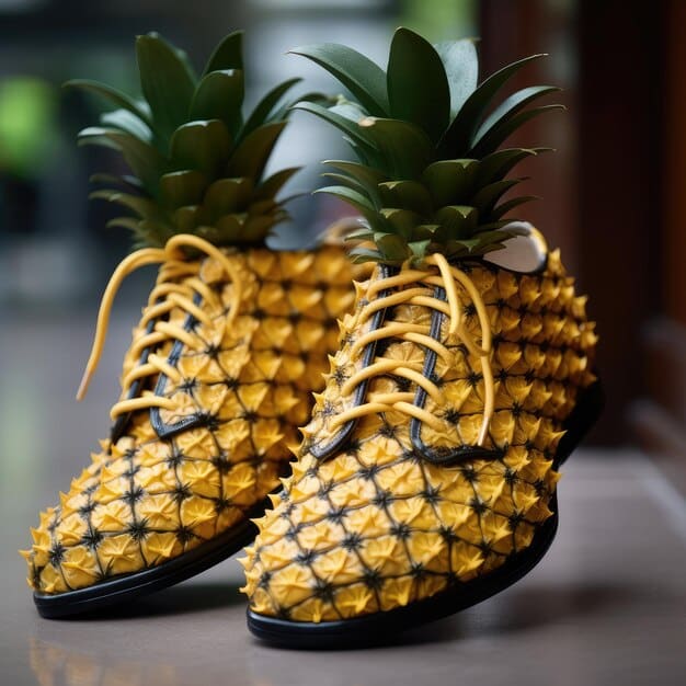 A detailed close-up of a high-fashion shoe made from innovative pineapple leather (Piñatex), showcasing its unique textured finish and vibrant color, arranged on a minimalist display stand.