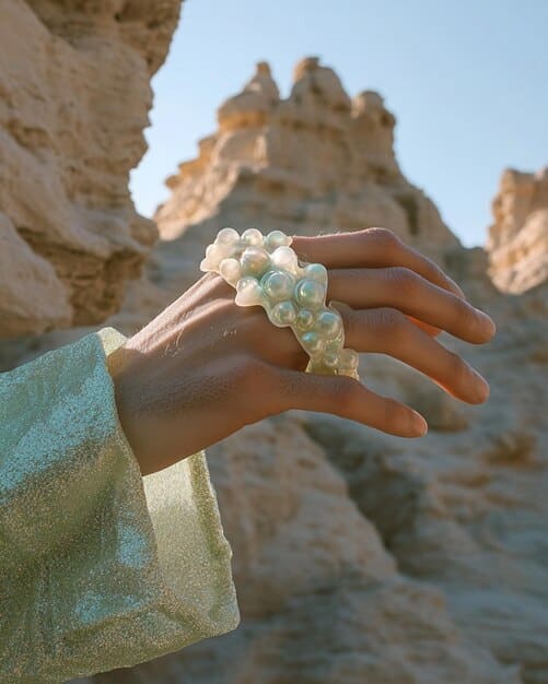 A close-up of a hand adorned with multiple rings, some featuring irregular, organic shapes and others highlighting natural, untreated stones, demonstrating the organic forms jewelry trend.
