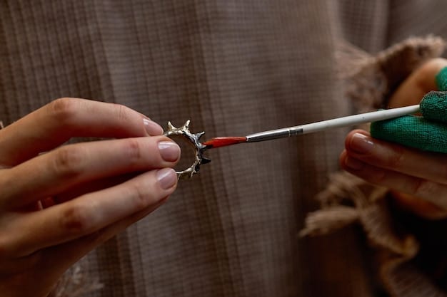 A close-up shot of a jewelry artisan's hands carefully setting a small diamond onto a gold ring with specialized tools, emphasizing precise craftsmanship.