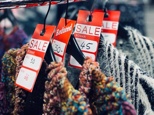 A rack of significantly discounted winter coats labeled with large sale signs inside an outlet store, with blurred shoppers in the background.