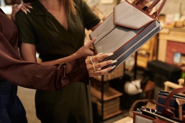 A shopper holding up a designer handbag in an outlet store, inspecting the quality and details of the product, conveying a sense of smart, selective shopping.