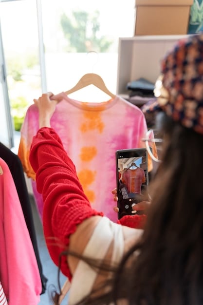 A close-up of a plus-size woman's hands confidently sifting through a rack of colorful dresses in a well-lit clothing outlet, with blurred racks of clothing in the background.