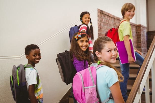 A diverse group of kids happily showing off their new back-to-school outfits and backpacks, purchased at outlet stores.