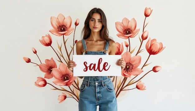 A stylish young woman trying on a linen sundress in an outlet store fitting room, smiling, with a 