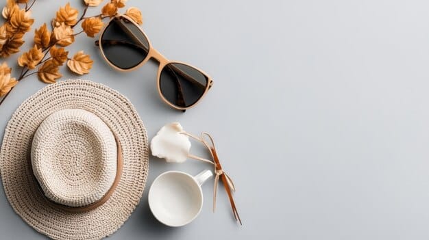 A flat lay of various statement sunglasses in different styles and colors, arranged elegantly on a light-colored surface with minimal summer accessories like a straw bag and a wide-brimmed hat.