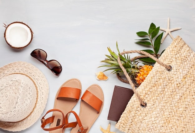 A flat lay of summer accessories including a straw tote bag, stylish sunglasses, a wide-brimmed hat, and classic leather sandals, all complementary in color and style.