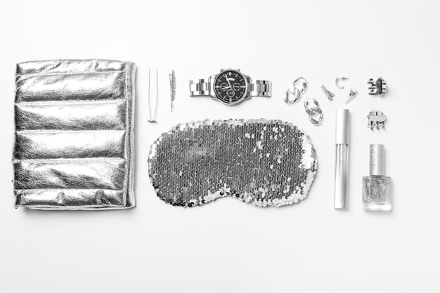 A flat lay showing the progression of accessories from day to night. On one side are a straw hat, casual sandals, and delicate silver jewelry. On the other, a sparkling clutch, stiletto heels, and bold gold statement earrings, with a simple black midi dress as the central item.