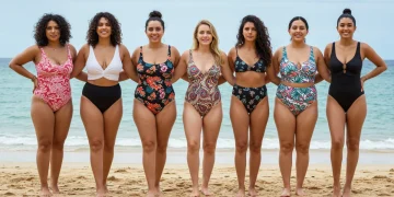 Women on beach in flattering swimsuits, diverse body types