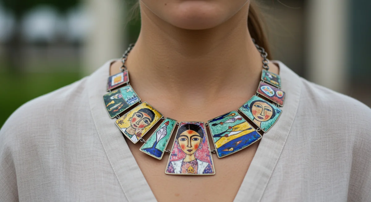 Art-inspired statement necklace with recycled metals and enamel