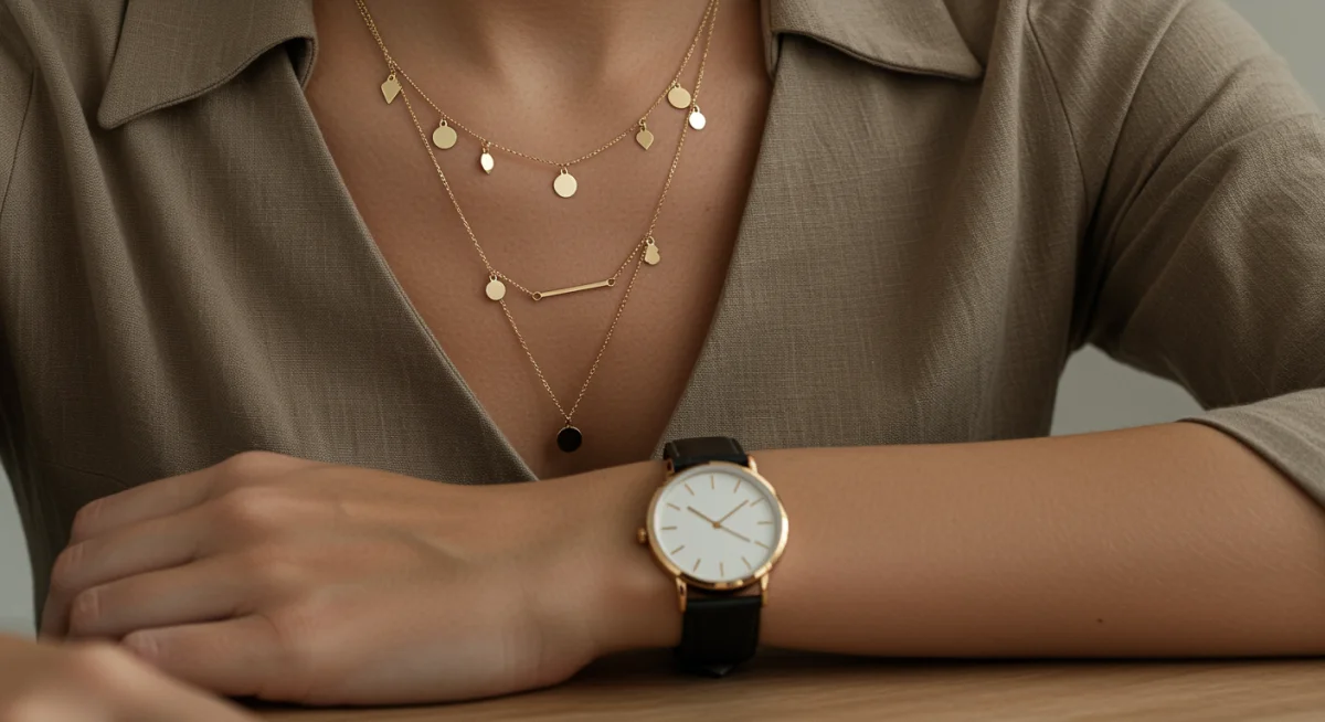 Close-up of minimalist gold layered necklaces and a sleek watch, showcasing versatile jewelry.