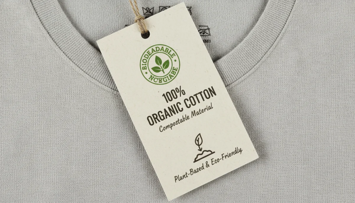 Biodegradable clothing certification label on a garment