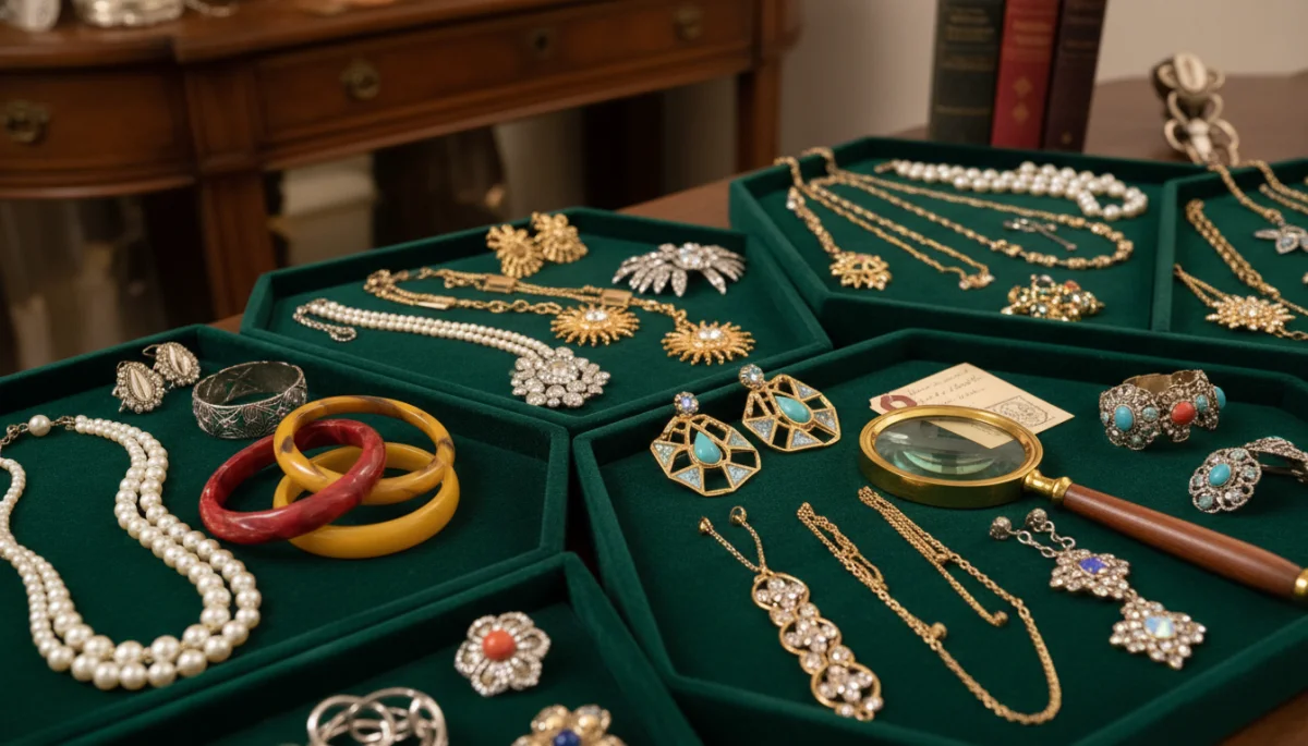 Collection of vintage fashion jewelry on velvet trays, with a magnifying glass for authentication.