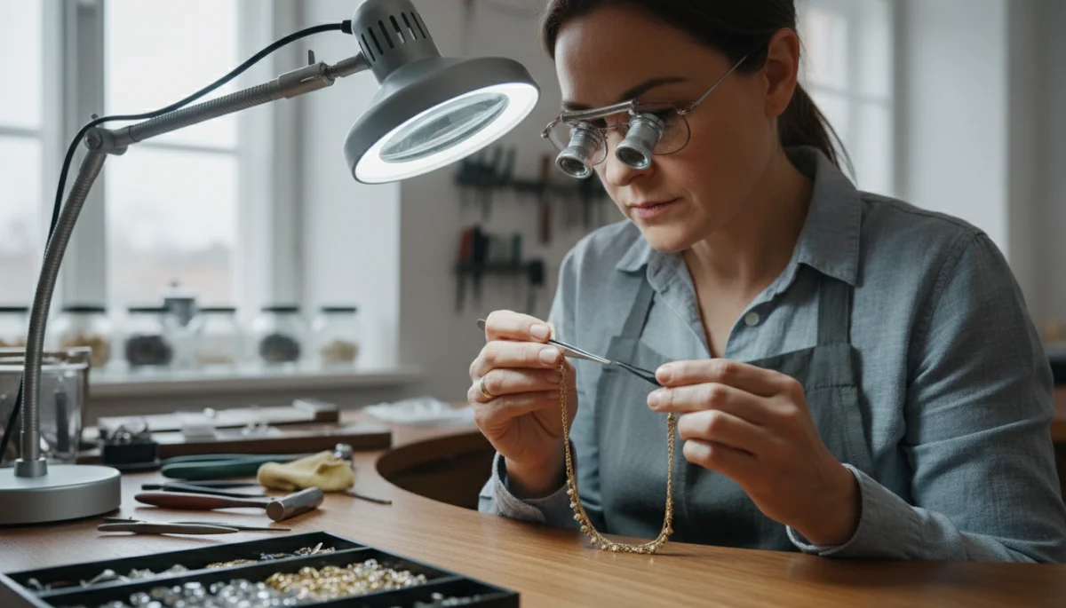 Jeweler authenticating a vintage necklace in a workshop, focusing on hallmarks and construction.