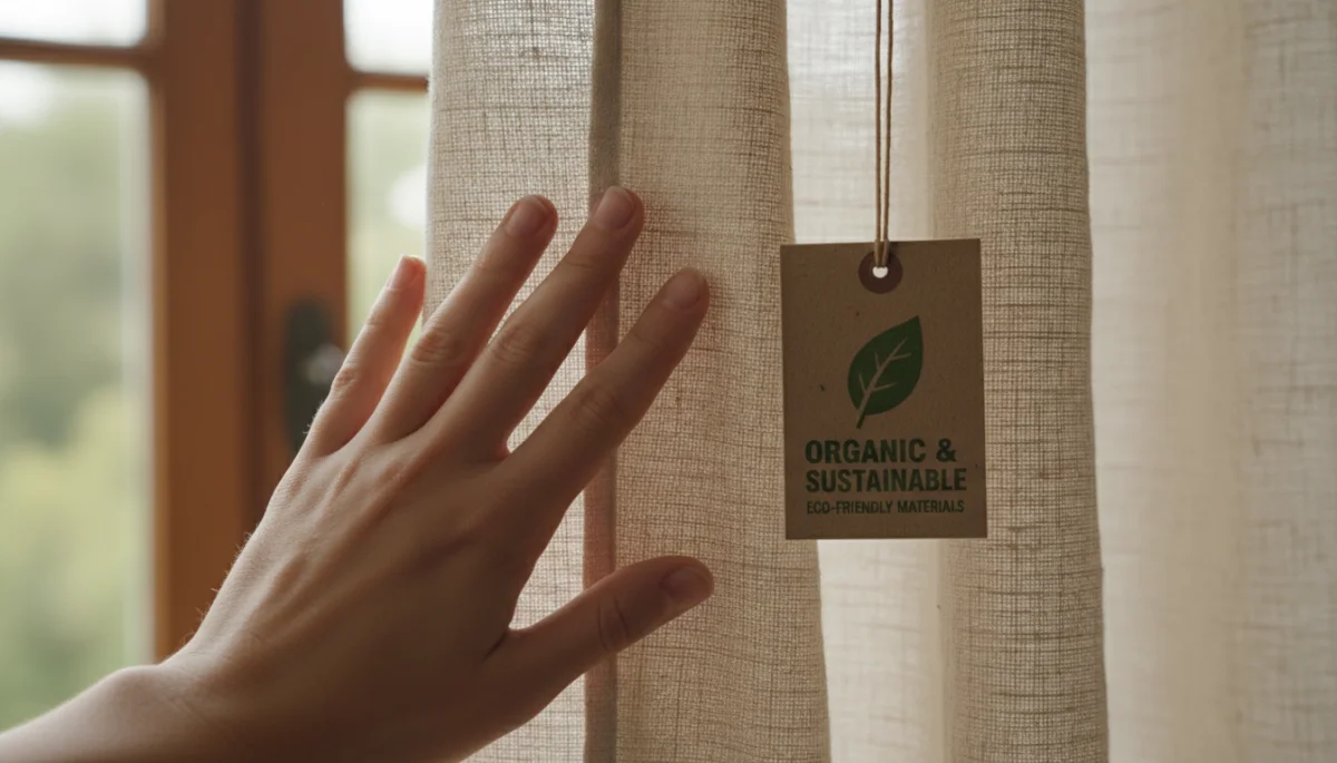 Hand touching organic cotton fabric, sustainable textile
