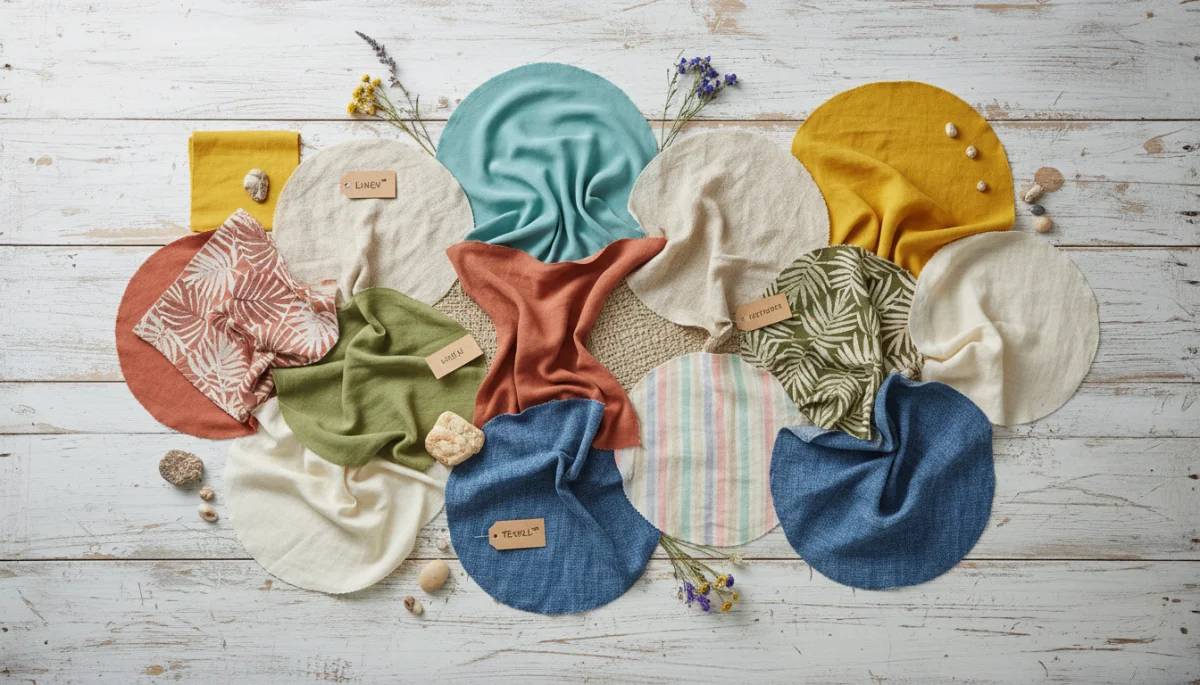 Assortment of sustainable summer fabric swatches, eco-friendly materials