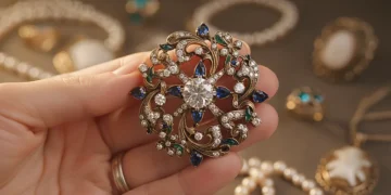 Hand holding a vintage brooch, showcasing intricate details and sparkle, symbolizing authentic vintage fashion jewelry.